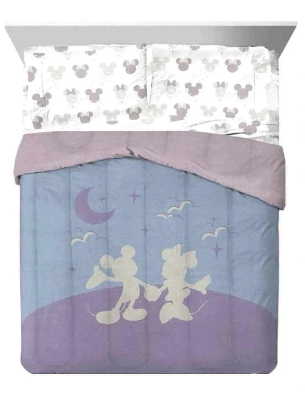 Disney Twin Comforter Set in Blue and Lavender with Mickey & Minnie Silhouettes